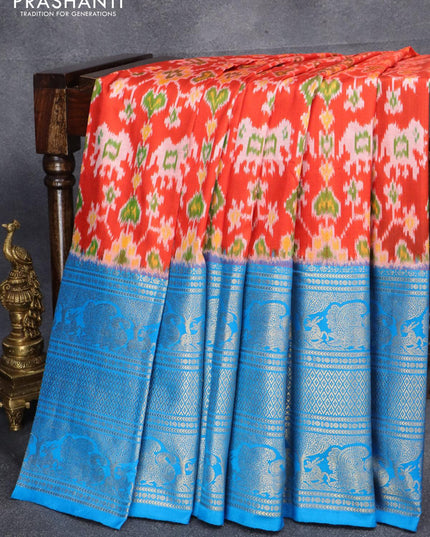 Pochampally silk saree orange and cs blue with allover ikat weaves and long annam zari woven border - {{ collection.title }} by Prashanti Sarees