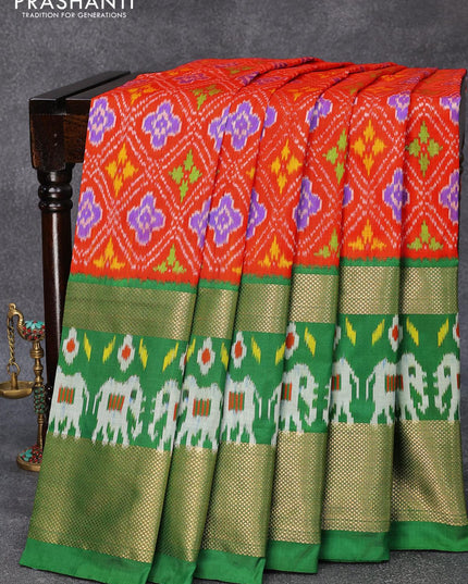 Pochampally silk saree orange and green with allover ikat weaves and ikat style zari woven border - {{ collection.title }} by Prashanti Sarees