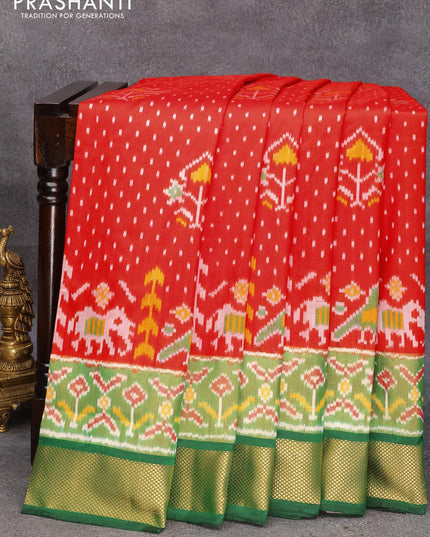 Pochampally silk saree orange and green with allover ikat weaves and long ikat woven zari border - {{ collection.title }} by Prashanti Sarees