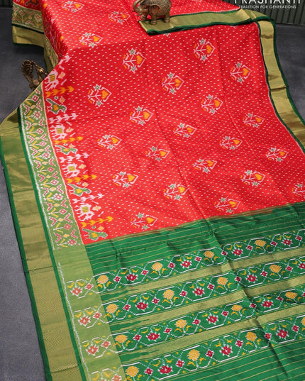 Pochampally silk saree orange and green with allover ikat weaves and long ikat woven zari border - {{ collection.title }} by Prashanti Sarees
