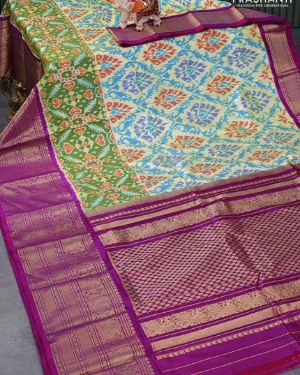 Pochampally silk saree pale yellow and purple with allover ikat weaves and long annam zari woven border - {{ collection.title }} by Prashanti Sarees