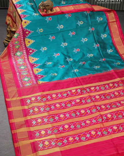 Pochampally silk saree peacock green and pink with ikat butta weaves and long ikat woven zari border - {{ collection.title }} by Prashanti Sarees