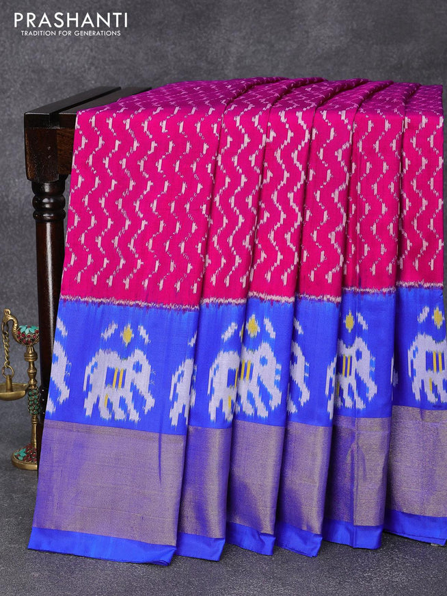 Pochampally silk saree pink and blue with allover ikat weaves and ikat style elephant design zari woven border - {{ collection.title }} by Prashanti Sarees