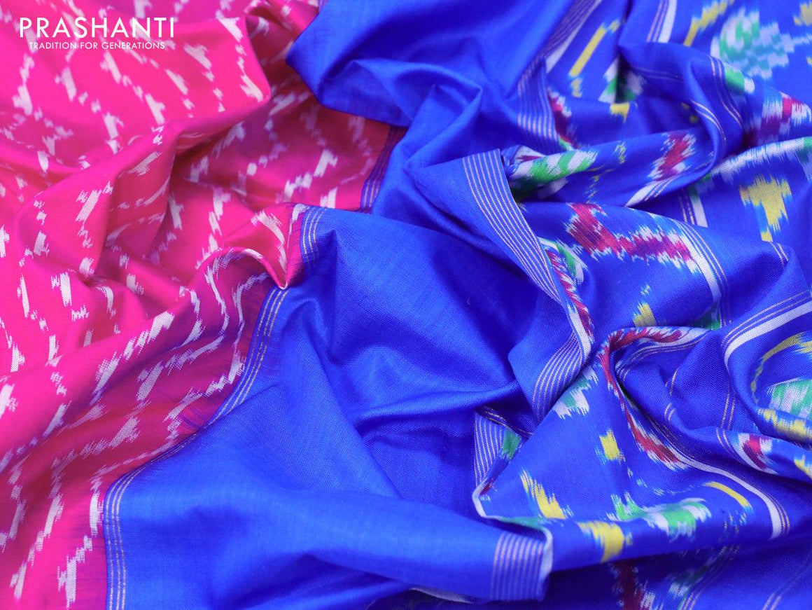 Pochampally silk saree pink and blue with allover ikat weaves and ikat style elephant design zari woven border - {{ collection.title }} by Prashanti Sarees