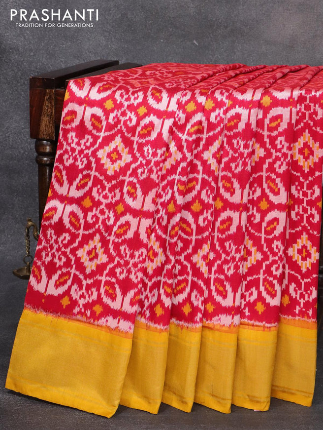 Pochampally silk saree red and mustard yellow with allover ikat weaves and zari woven border - {{ collection.title }} by Prashanti Sarees
