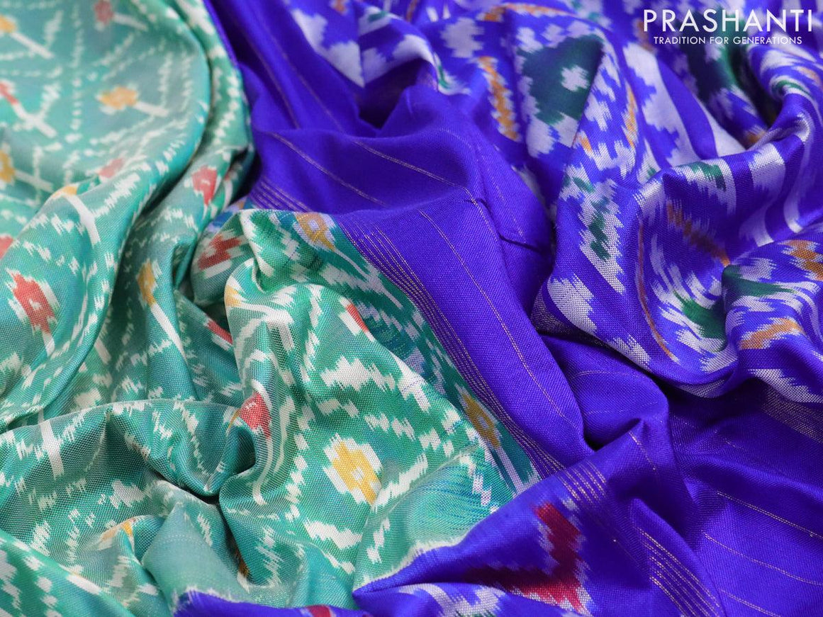 Pochampally silk saree teal blue and blue with allover ikat weaves and long ikat woven zari border - {{ collection.title }} by Prashanti Sarees