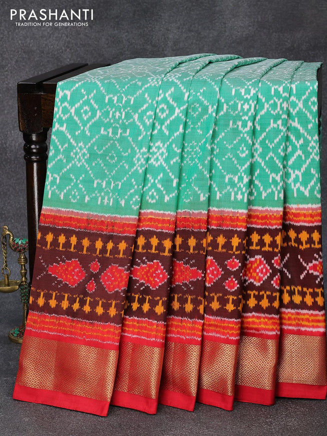 Pochampally silk saree teal green and red with allover ikat weaves and ikat woven zari border - {{ collection.title }} by Prashanti Sarees