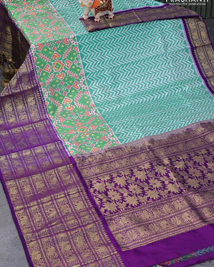 Pochampally silk saree teal green shade and violet with allover ikat weaves and long zari woven annam elephant design border - {{ collection.title }} by Prashanti Sarees