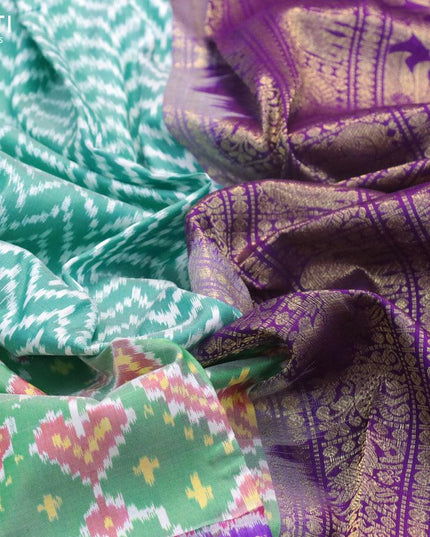 Pochampally silk saree teal green shade and violet with allover ikat weaves and long zari woven annam elephant design border - {{ collection.title }} by Prashanti Sarees