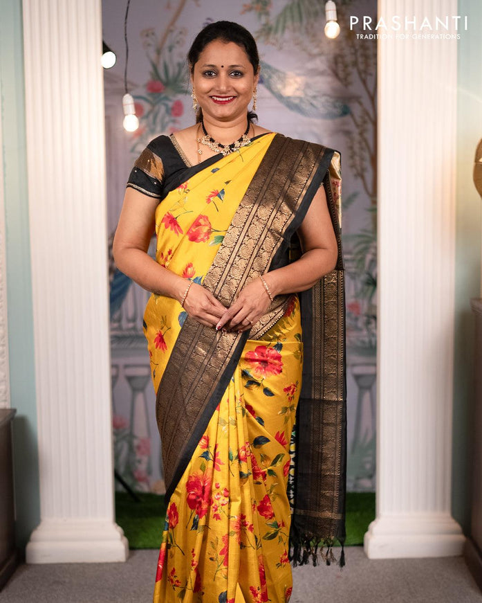 Pochampally silk saree yellow and black with allover floral digital prints and annam zari woven kanjivaram style border - {{ collection.title }} by Prashanti Sarees