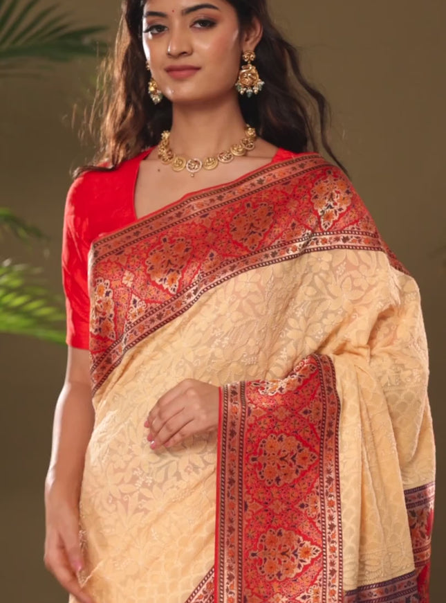 Pale Yellow & Red  Georgette Saree with Chikankari work & banaras border
