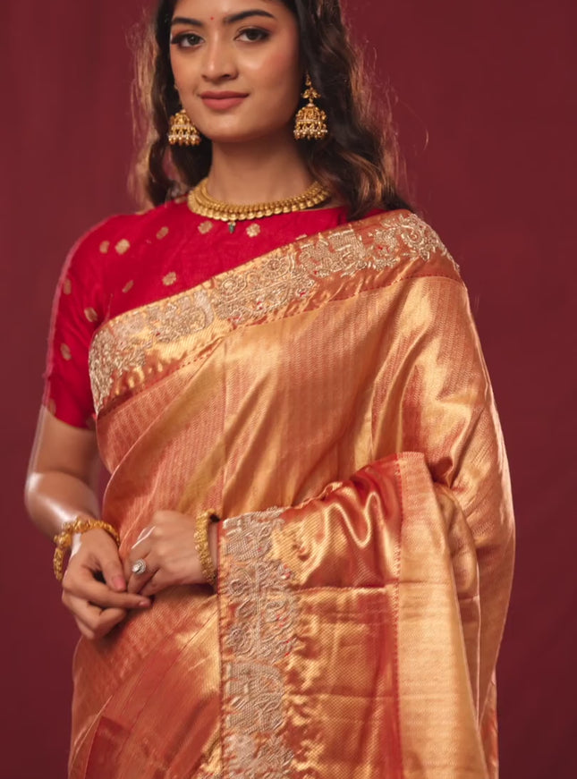 Gold & red Kanchipuram tissue Silk Saree with border Embroidery