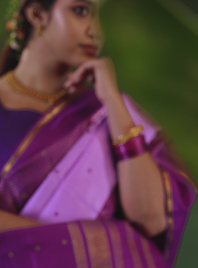 Lavender-Purple Pure Kanchipuram Silk Saree With Thread woven buttas & Long Zari Border
