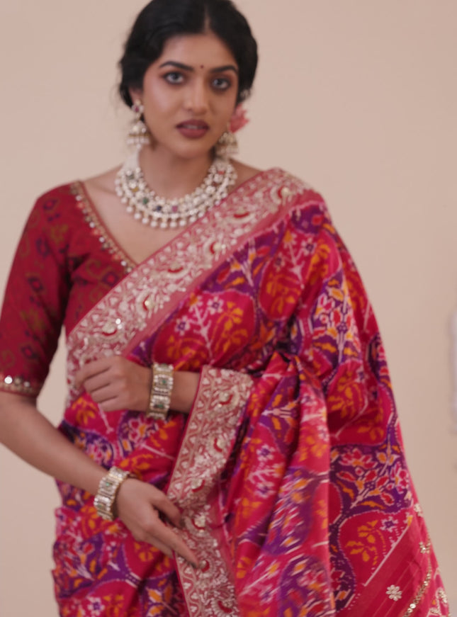 Pink Pochampally silk saree with allover ikat weaves and Embroidered border
