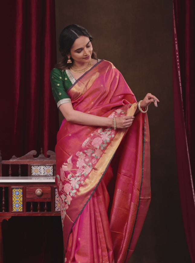 Dual Shade of Pinkish Orange-Green Pure kanchipuram silk saree With Zari Buttas & Border Embroidery