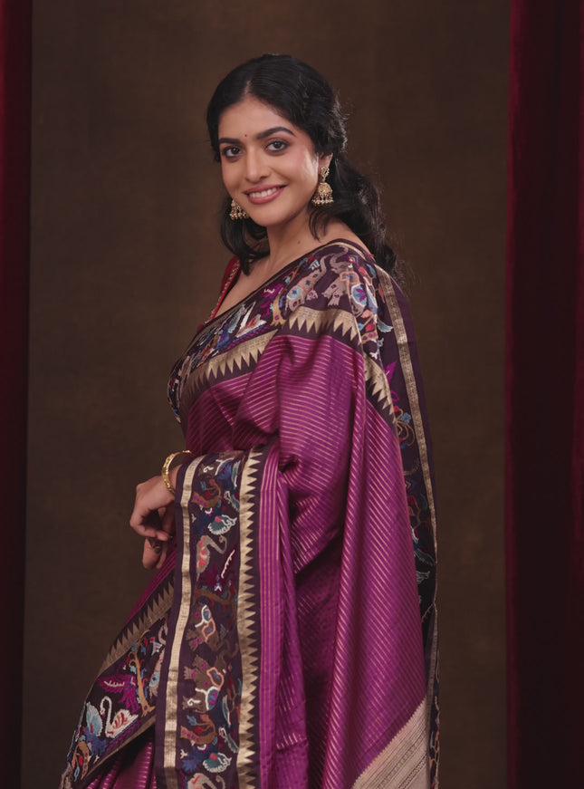 Magenta pink -Deep wine Pure kanchipuram silk saree with Border Embroidery