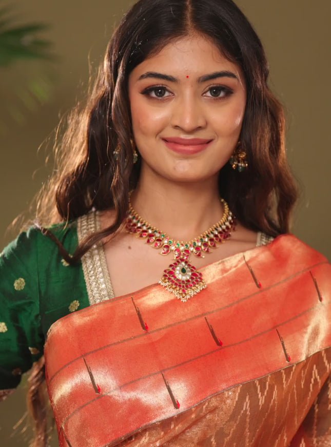 Rust & Red Pure Zari Kota saree with muniya border & paithani pallu