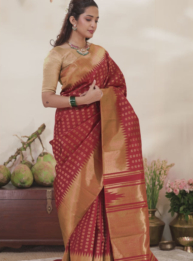 Red Pure Kanchipuram silk saree with allover annam & rudhrasham zari woven buttas & temple zari woven border