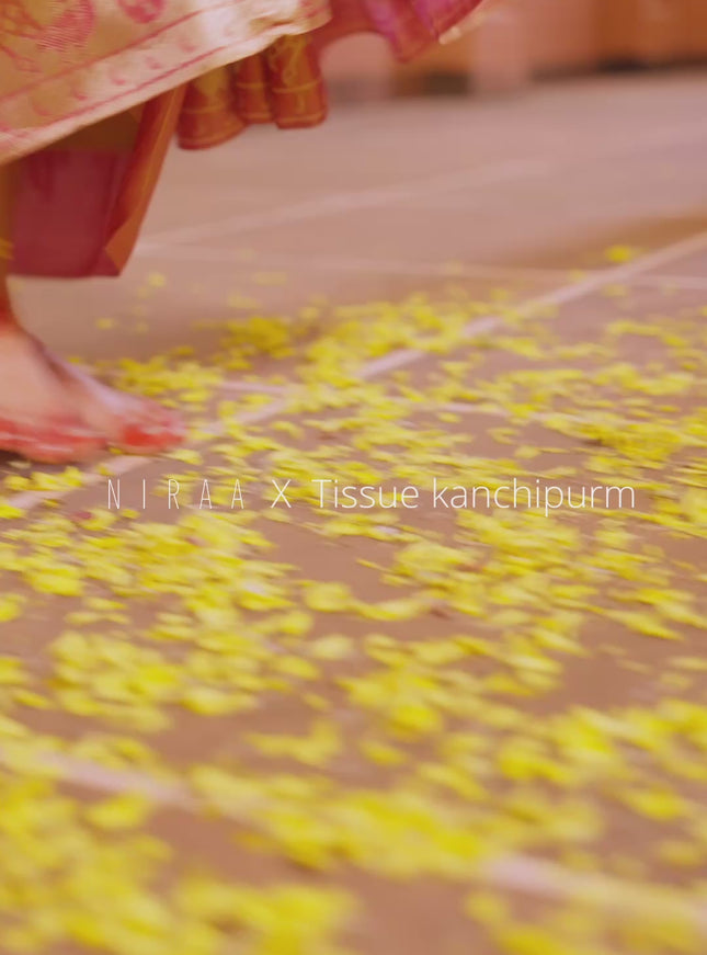 Pure kanchipuram tissue silk saree gold and pink with allover zari woven brocade weaves and zari woven paithani style border