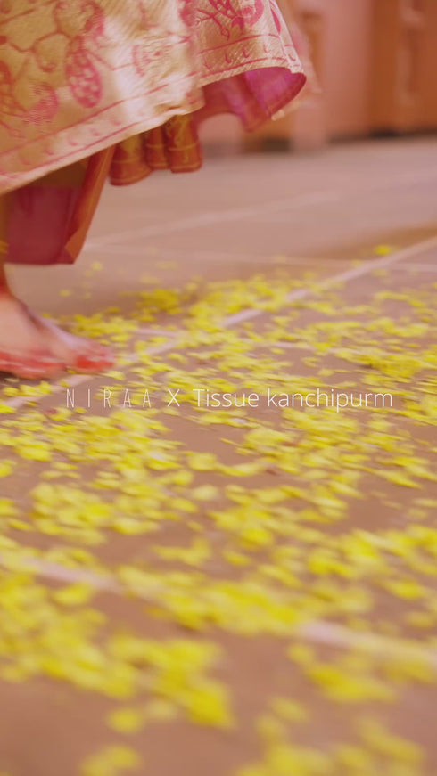 Pure kanchipuram tissue silk saree gold and pink with allover zari woven brocade weaves and zari woven paithani style border