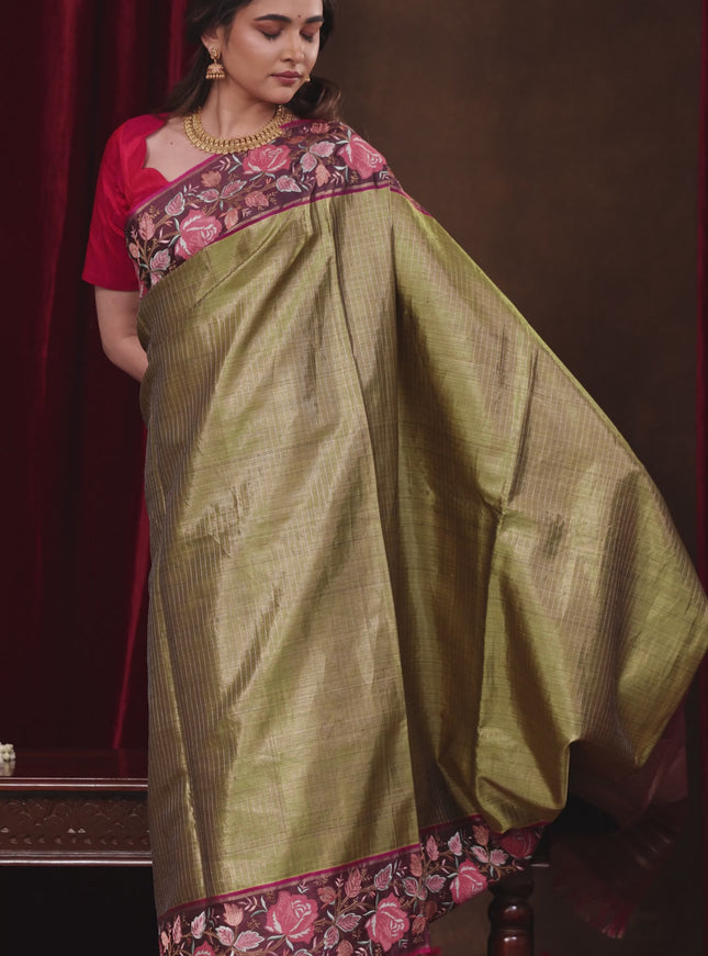 Mehendi Green-Wine Shade Pure Kanchipuram Tissue Silk Saree With Border Embroidery