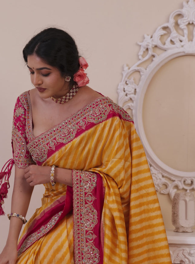 Yellow & Pink Pochampally Silk saree with Border Embroidery & Readymade Blouse