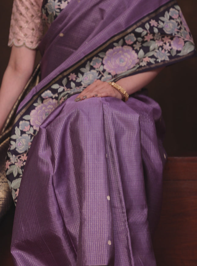 Lavender-Deep Jamun Pure Kanchipuram Silk Saree With Zari Checks & Border Embroidery