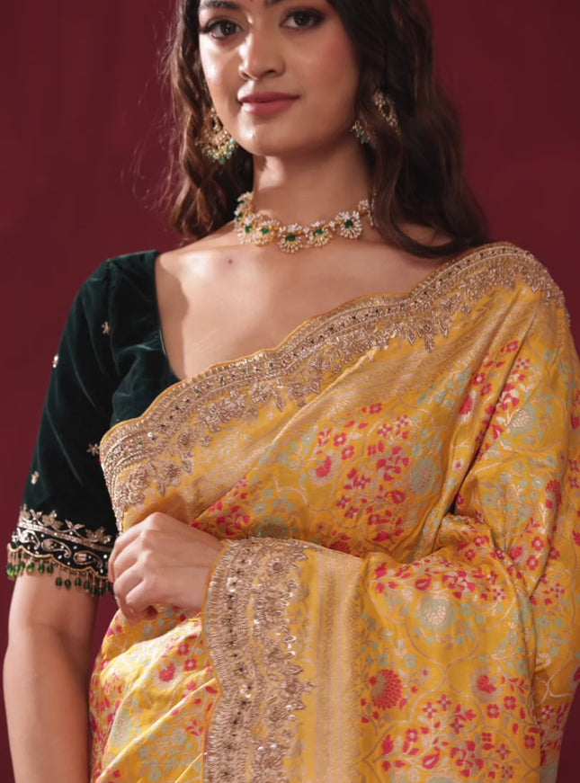 Yellow banarasi uppada silk saree with allover mina weaves & border embroidery