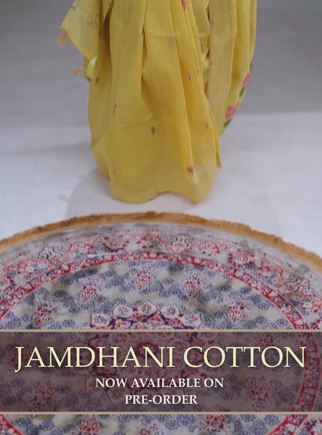 Jamdhani cotton saree yellow and light green with thread & zari woven buttas and pichwai pallu