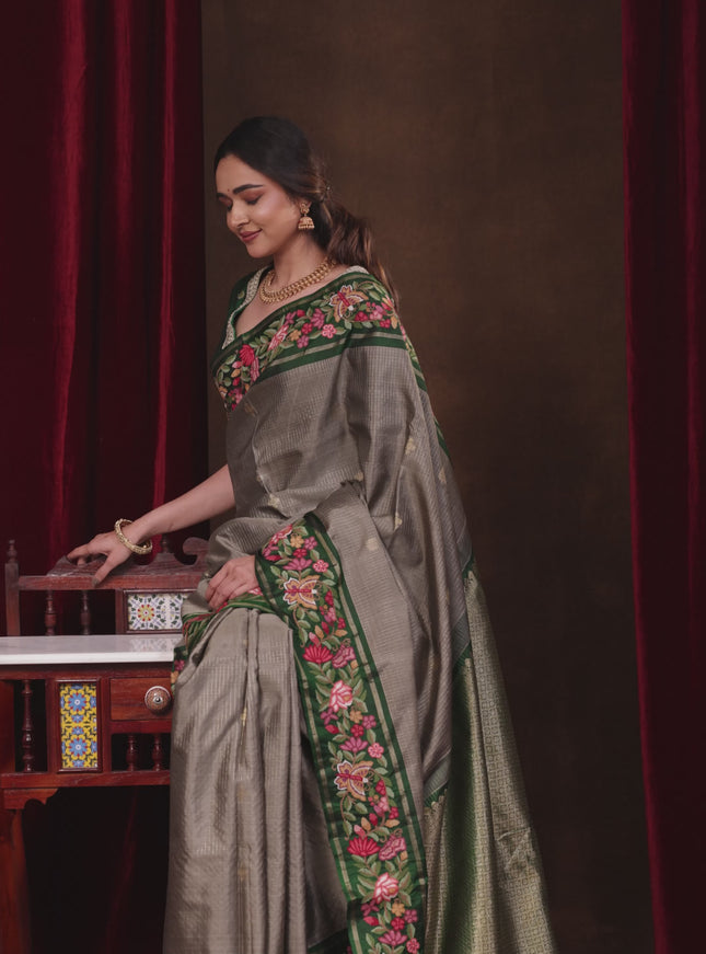 Grey-Green Pure Kanchipuram Silk Saree With Zari Checks & Border Embroidery