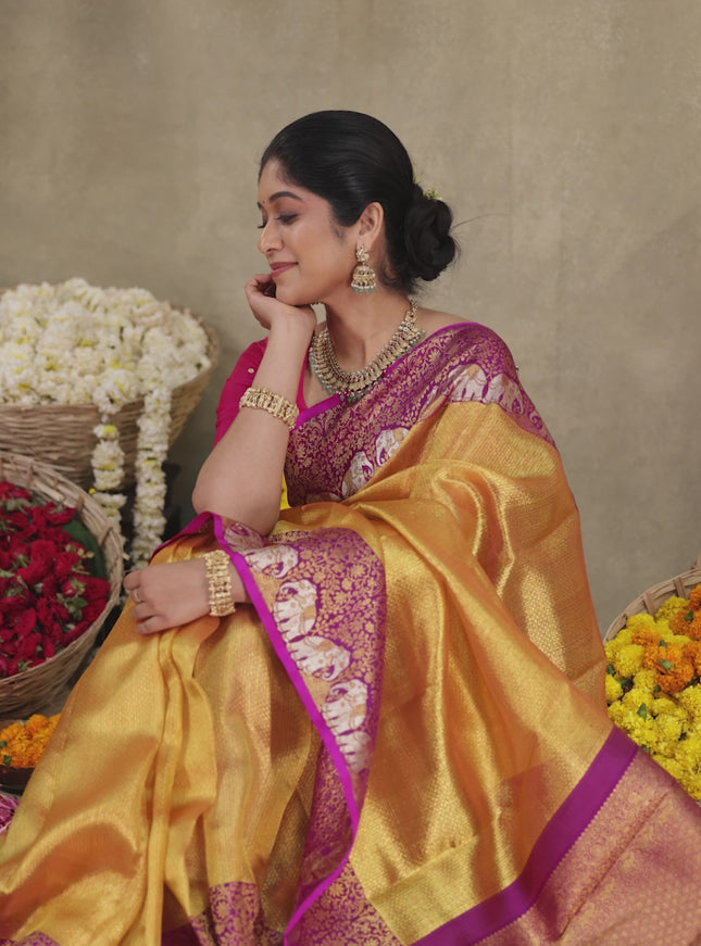 Gold-Purple Pure Tissue kanchipuram silk saree with allover zari woven brocade weaves & elephant design zari border