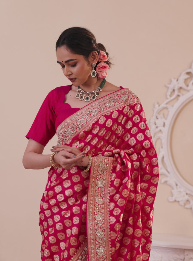 Pink Banarasi Uppada silk saree with allover zari woven buttas & embroidery border
