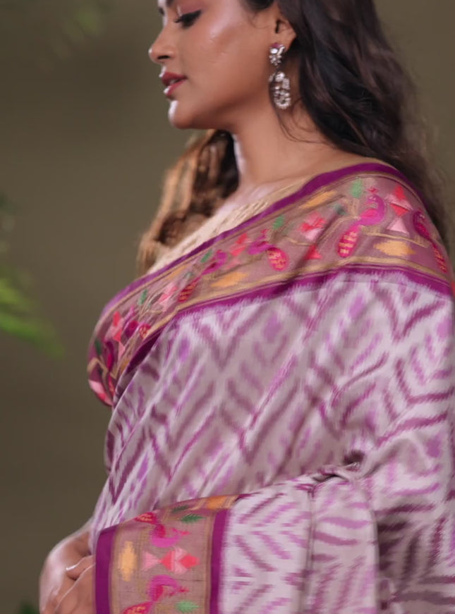 Off white & Purple Pochampally Silk saree with Border Embroidery