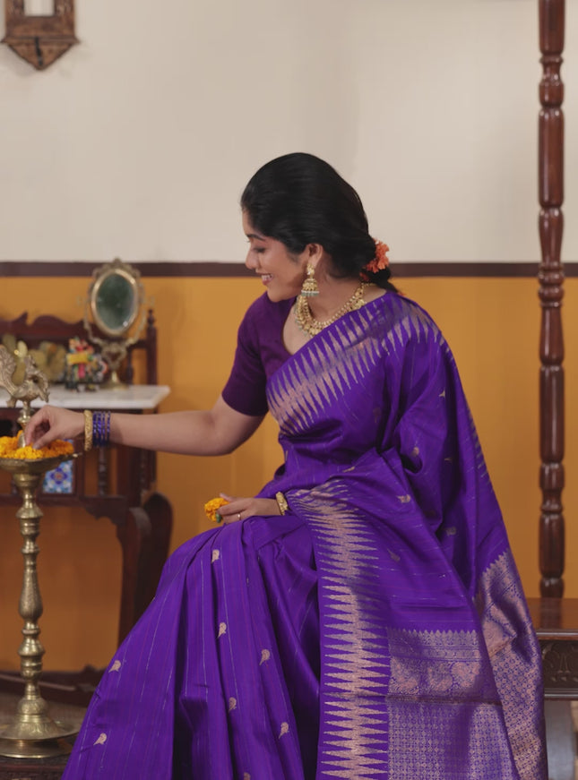 Violet Pure kanchipuram silk saree with thread & zari stripes and zig zag zari border