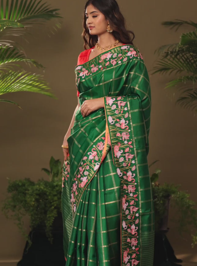 Green kanchipuram silk saree with allover zari checks & border embroidery