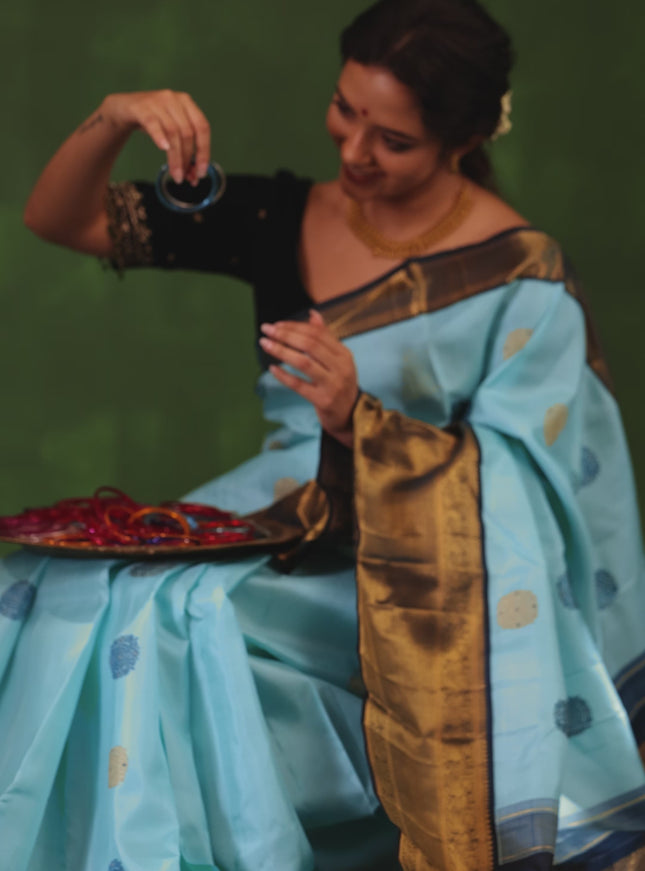 Light Blue-Peacock Blue Pure Kanchipuram Silk Saree With thread & zari woven buttas