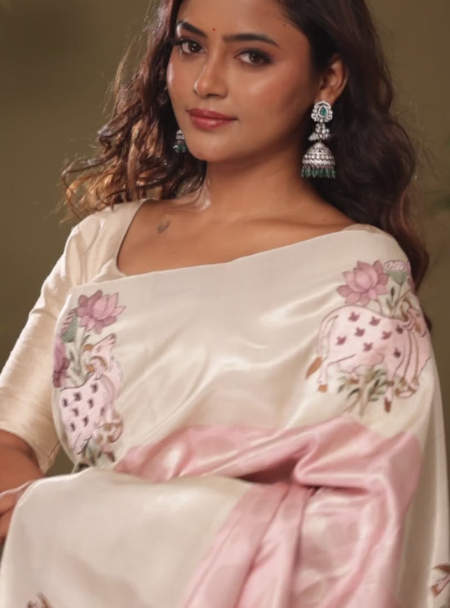 Pastel Pink Kanchipuram Silk Saree with Pichwai Embroided Border