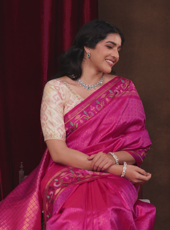 Pink Pure Kanchipuram silk Saree With Allover Zari Weaves & Border Embroidery