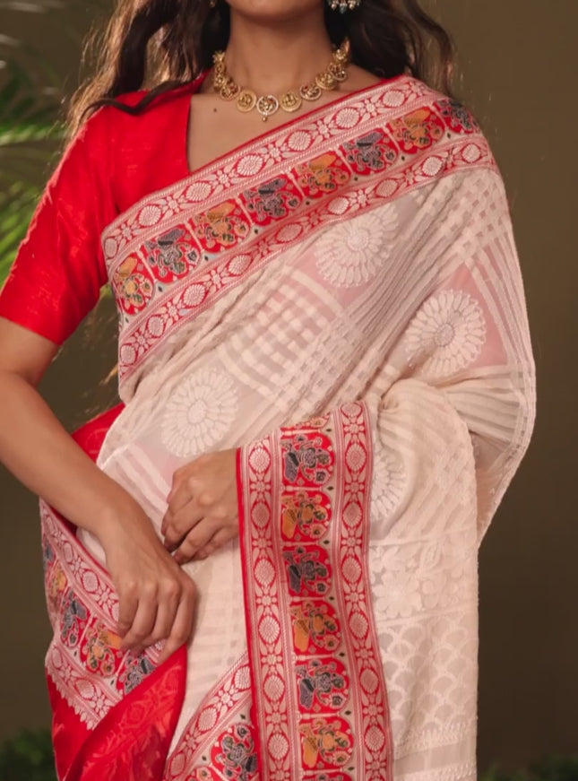 Cream & Red Georgette Saree with Chikankari work & banaras border