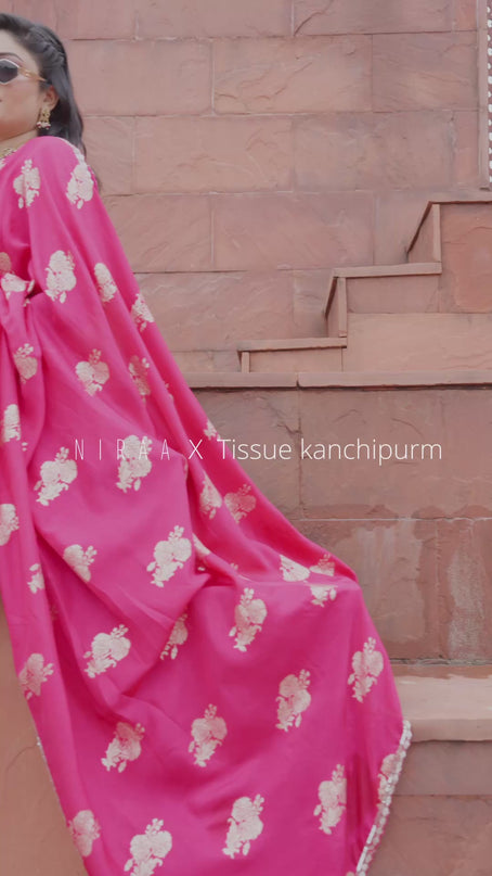 Banarasi silk saree pink with floral zari woven buttas and beaded work border
