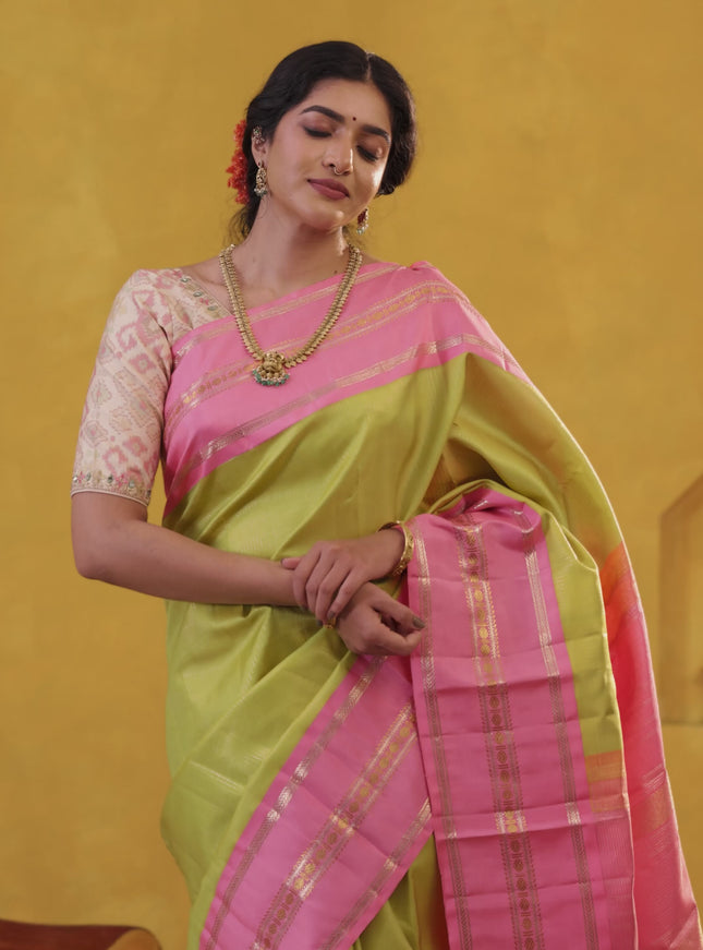 Lime Green-Light Pink Pure Kanchipuram Silk Saree With Allover zari checked Pattern
