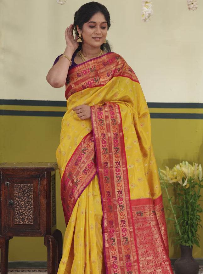 Yellow-Red Pure kanchipuram silk saree with silver & gold zari woven buttas & paithani style border