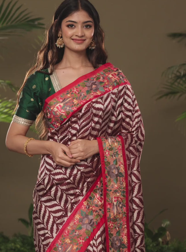 Brown & Pink Pochampally Silk saree with Border Embroidery & pichwai pallu