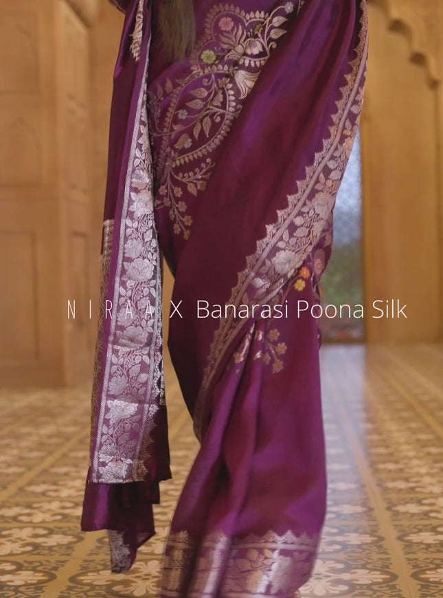 Banarasi poona silk saree purple and lime yellow with thread & zari weaves and floral design zari woven border