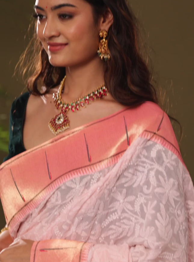 Pastel Pink Georgette Saree With Chikankari Work & Paithani Pallu