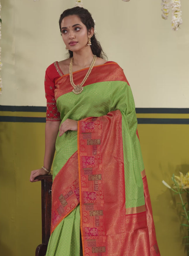 Light Green-Red pure kanchipuram silk saree with allover zari woven brocade weaves & long zari woven border