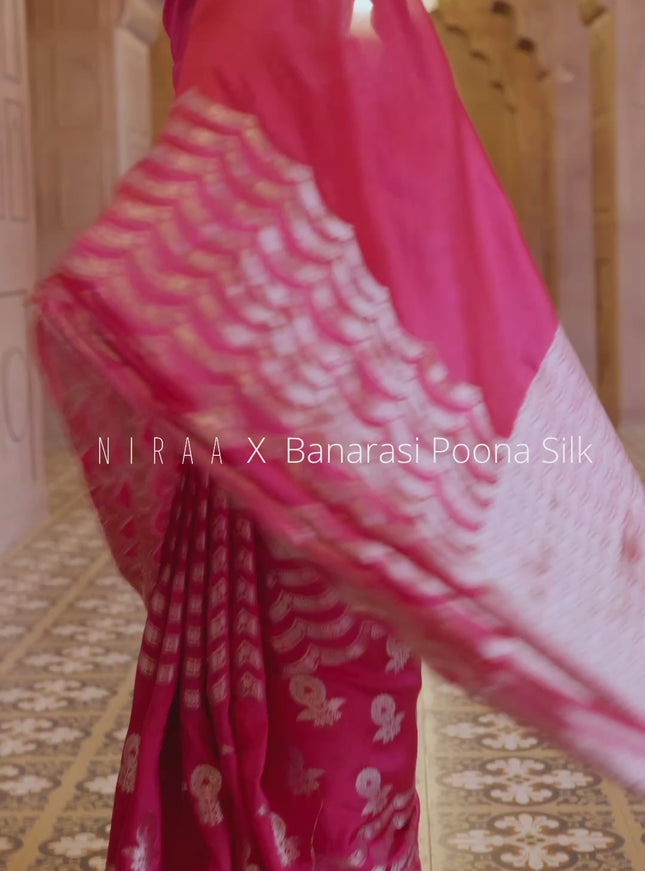 Banarasi poona silk saree pink and orange with zari weaves and zari woven border