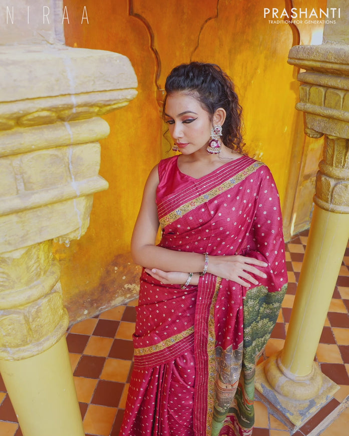 Pure tussar silk saree maroon with allover bandhani butta prints & pita work and zari line border