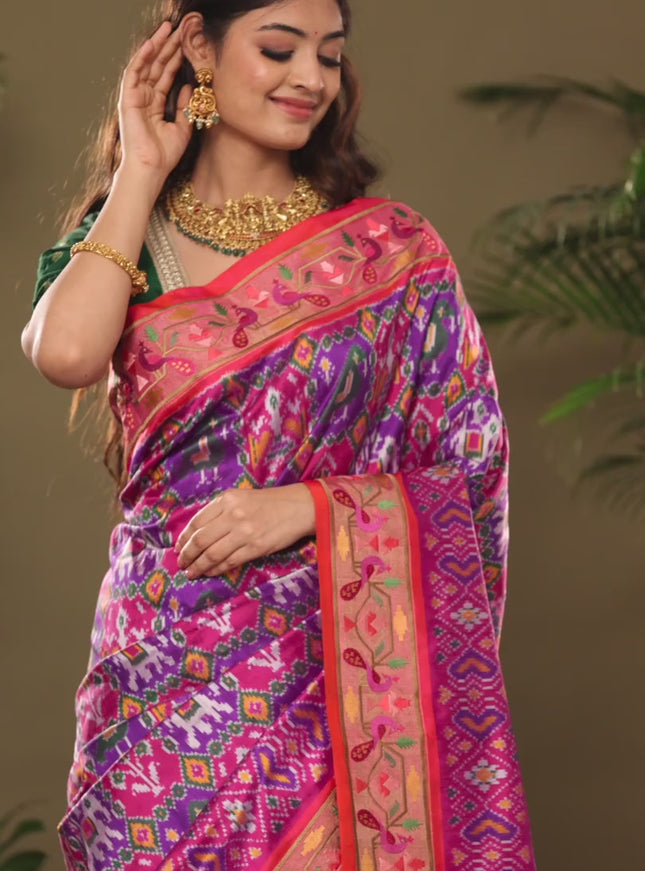 Purple & red kanchipuram silk saree with patola prints and border embroidery