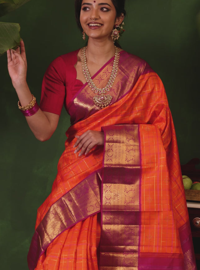 Orange-Pink Pure Kanchipuram Silk Saree With allover zari checked pattern